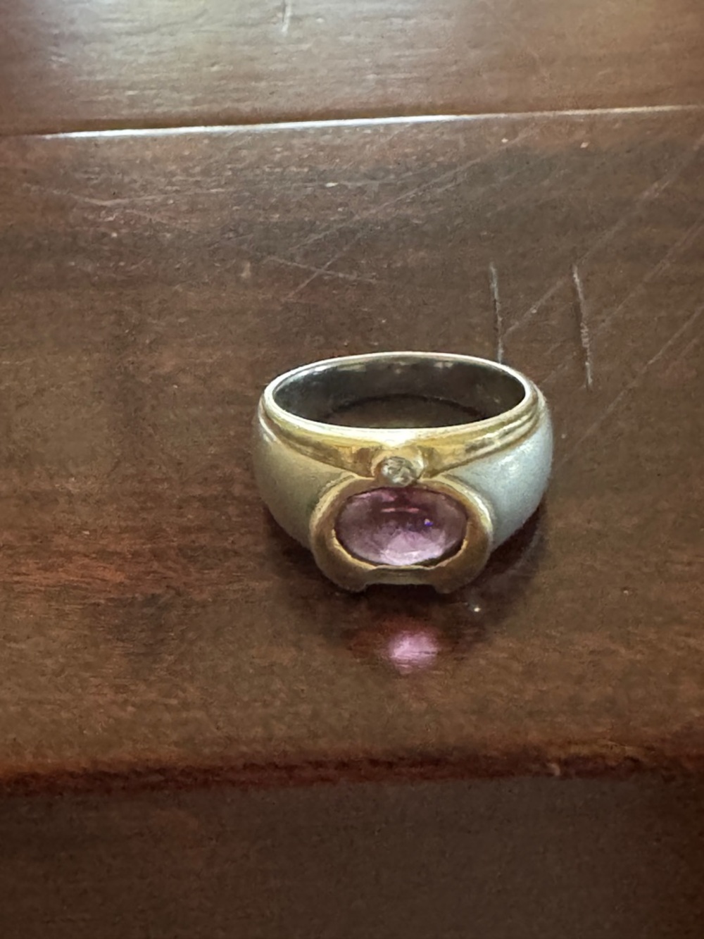 Sterling Silver and Gold-Tone Ring with Pink   Gem. Size 6